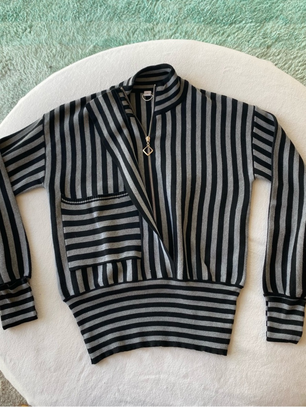 Striped Zip-Front Women's Sweater - Black & Gray